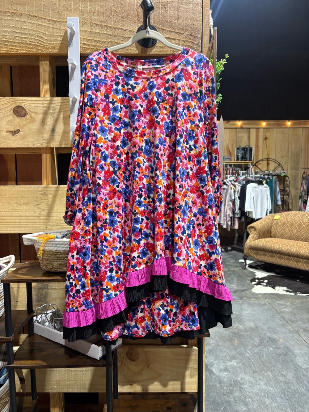 Vibrant Floral Swing Tunic & skirt with Pink & Black Trim 2 pc set